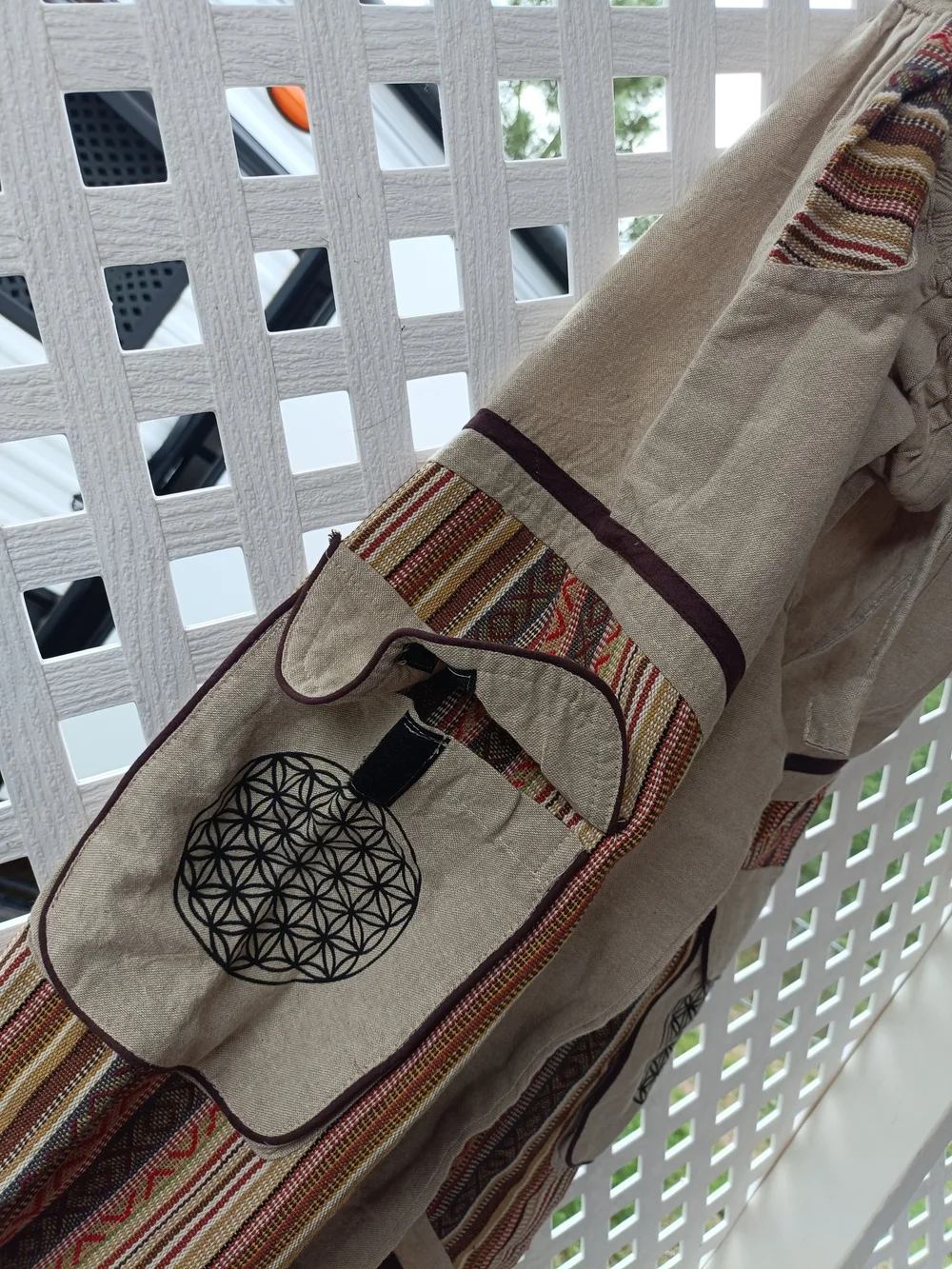 Bohemian Beige Men’s Cargo Pants with Patterned Panels